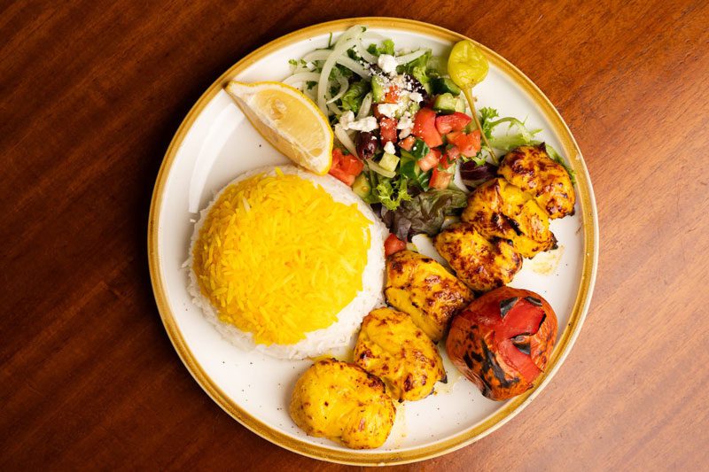 chicken kebab Jujeh kabab in Mediterranean restaurant in Calabasas and Moorpark