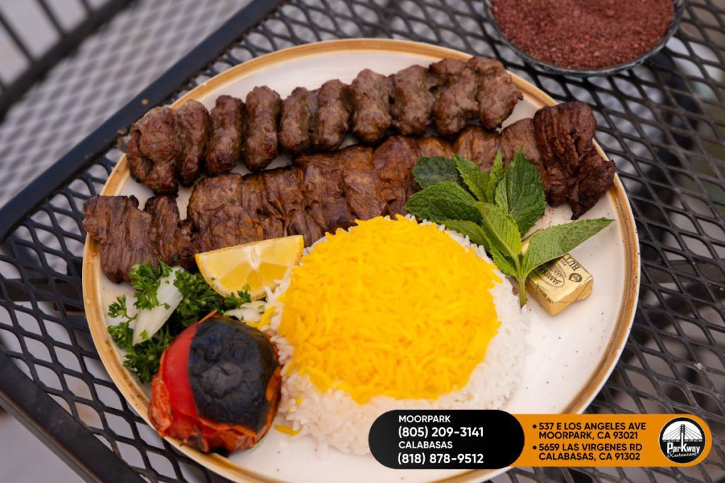 Close-up of juicy Koobideh kebabs